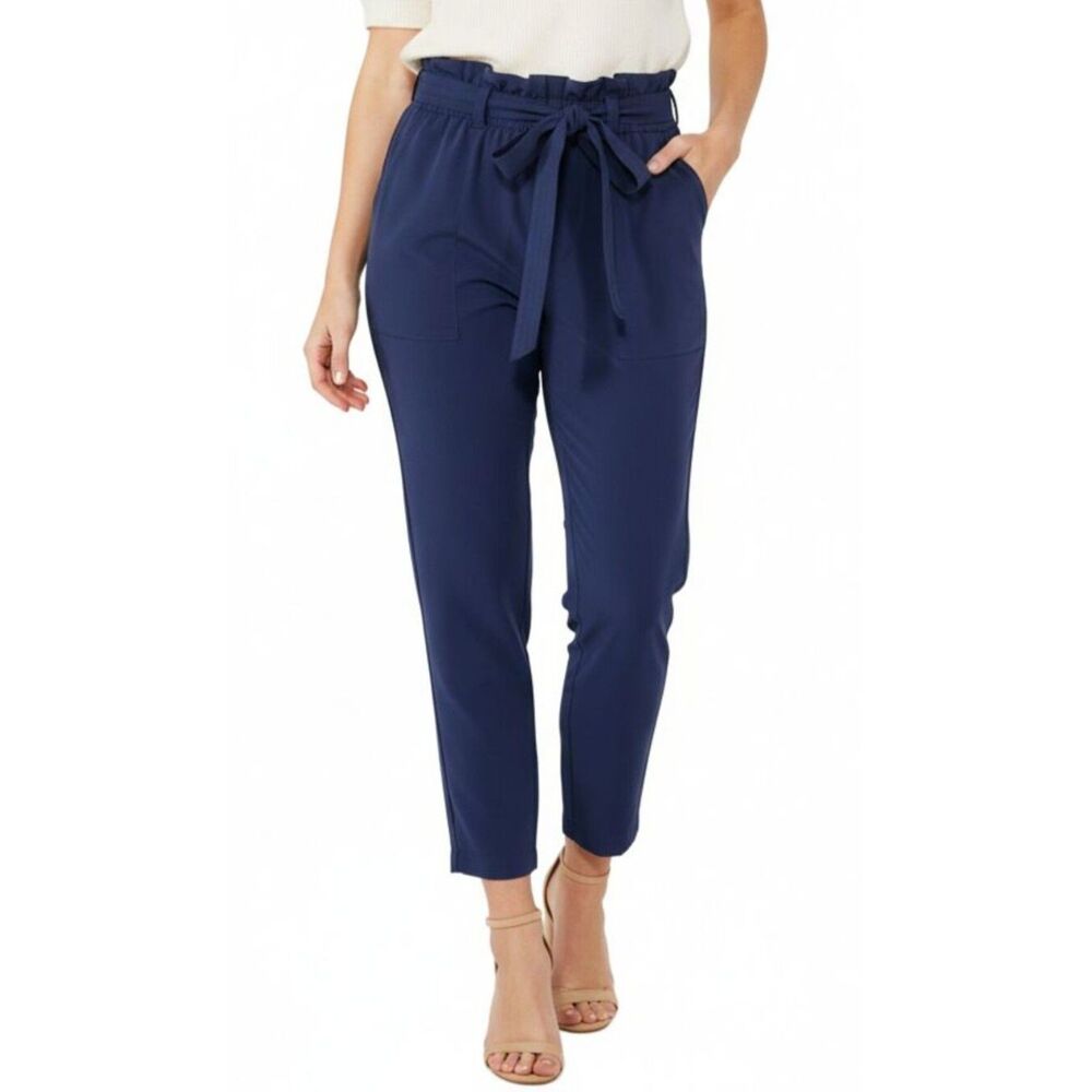 Athleta Skyline Paper Bag Pants Size 8 Navy Blue High Rise Belted Travel EUC